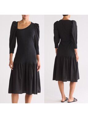Nation LTD Catalina Puff Sleeve Flounce Hem Midi Dress in Washed Black
